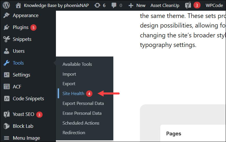 Accessing Site Health in WordPress.