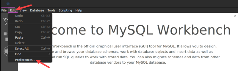 The location of the Preferences dialog in MySQL Workbench.