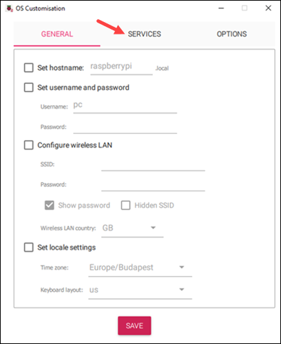 Raspberry Pi OS customisation prompt services tab