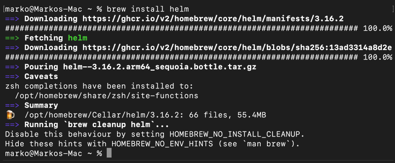 Installing Helm with Homebrew.