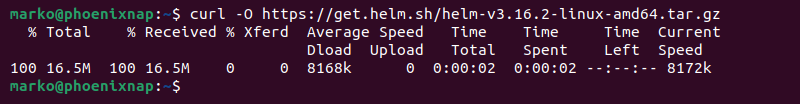 Downloading Helm with the curl command.