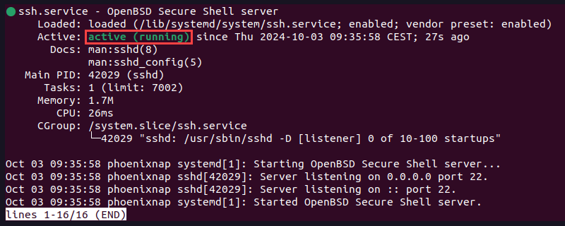 The SSH service showing as active (running) on the local host.