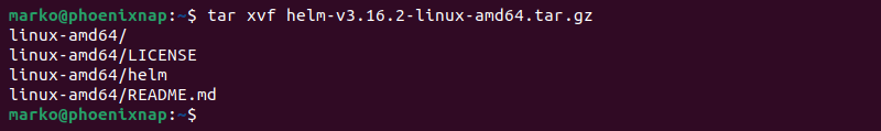 Unpacking Helm with the tar command.