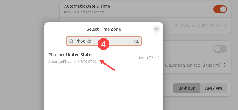 Select a new timezone on the Ubuntu GUI.