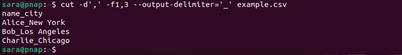 cut -d',' -f1,3 --output-delimiter='_' example.csv terminal outpujt