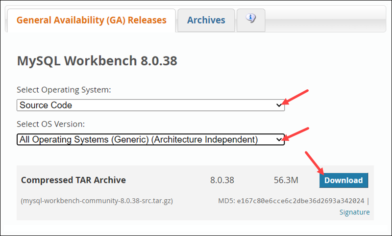 Downloading a TAR.GZ file containing the generic, architecture independent source code for MySQL Workbench.