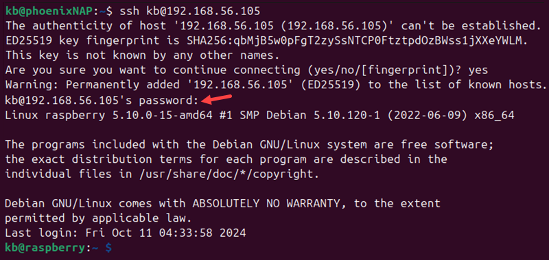 SSH Raspberry Pi password terminal output