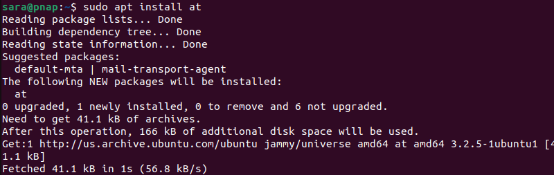 sudo apt install at terminal output