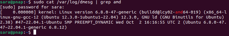 sudo cat /var/log/dmesg | grep amd terminal output