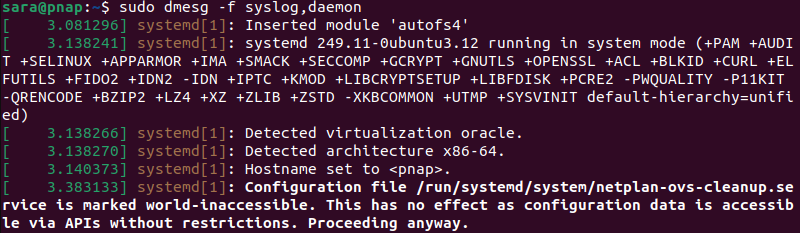 sudo dmesg -f syslog,daemon terminal output