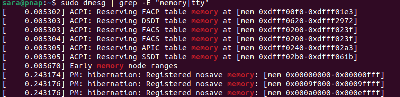 sudo dmesg | grep -E "memory|tty" terminal output