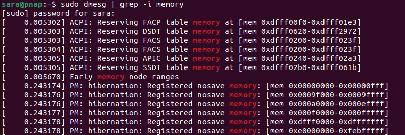 sudo dmesg | grep -i memory terminal output