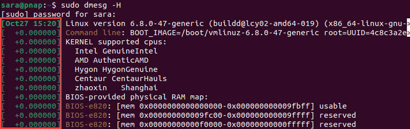 sudo dmesg -H terminal output