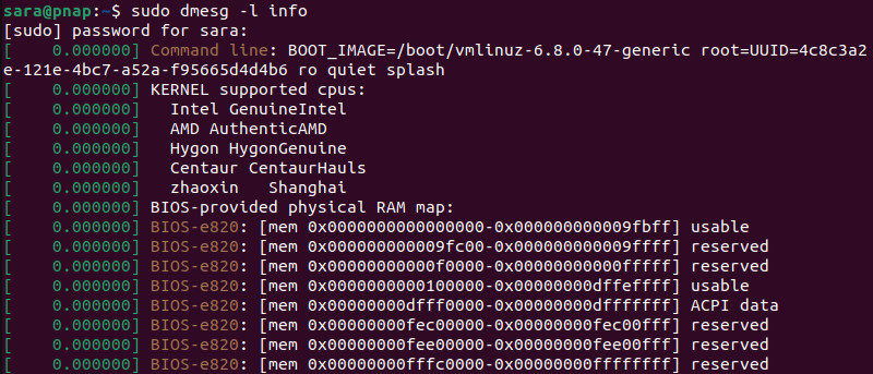 sudo dmesg -l info terminal output