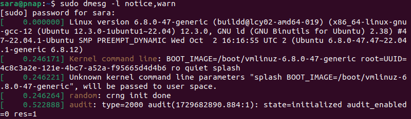 sudo dmesg -l notice,warn terminal output