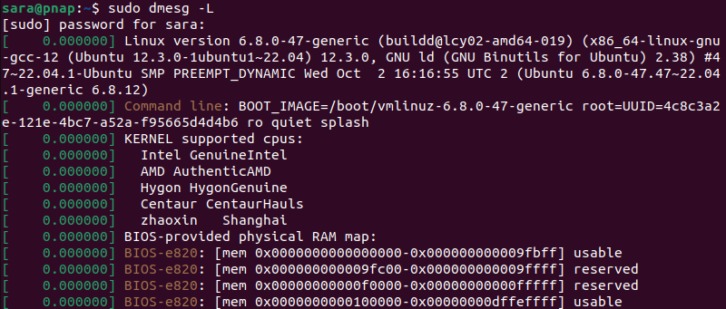 sudo dmesg -L terminal output