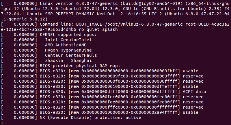 sudo dmesg | less terminal output