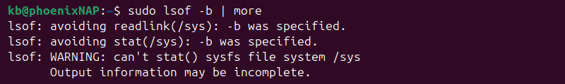 sudo lsof -b | more terminal output avoiding