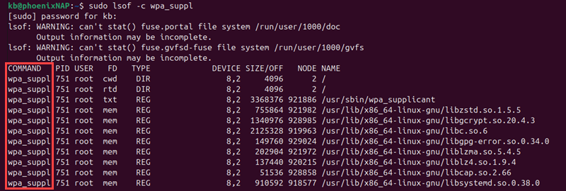 sudo lsof -c wpa_suppl terminal output