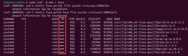 sudo lsof -d mem more terminal output