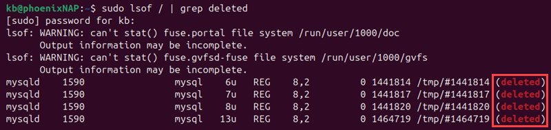 sudo lsof / | grep deleted terminal output