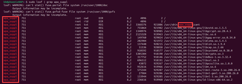 sudo lsof grep wpa_suppl terminal output