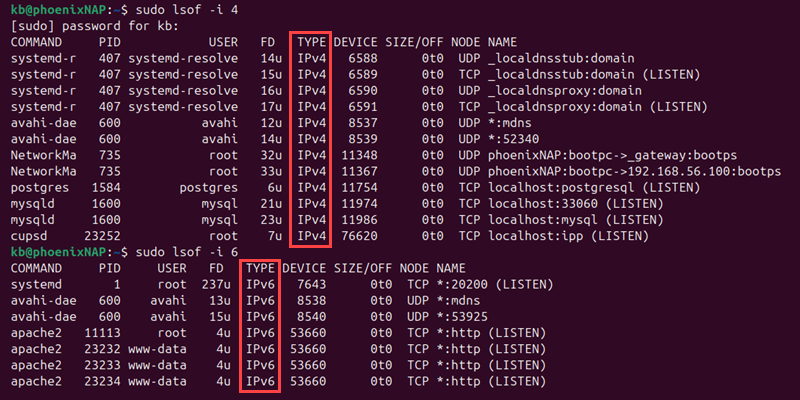 sudo lsof -i 4 or 6 terminal output