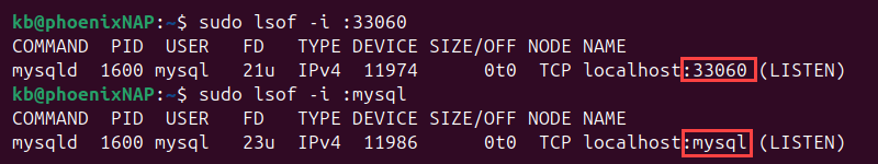 sudo lsof -i port number or service name terminal output