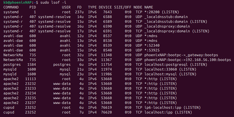 sudo lsof -i terminal output