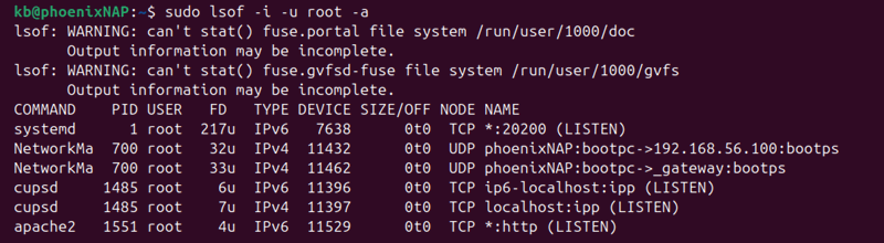 sudo lsof -i -u root -a terminal output