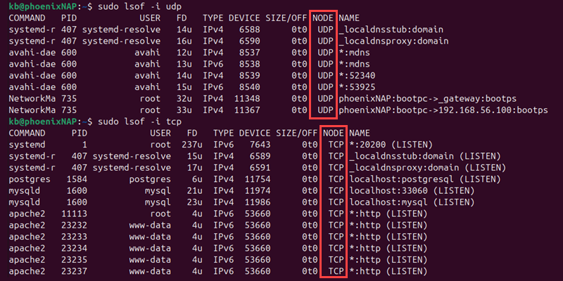 sudo lsof -i udp or tcp