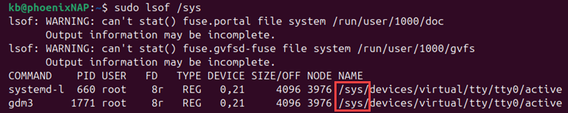 sudo lsof /sys terminal output