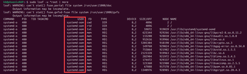 sudo lsof -u ^root | more terminal output