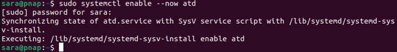 sudo systemctl enable --now atd terminal output