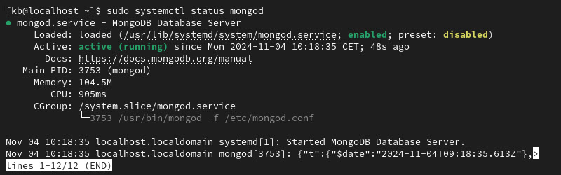 sudo systemctl status mongod terminal output