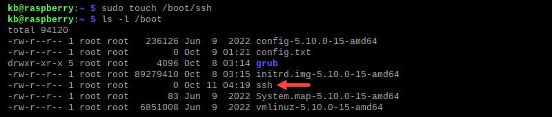 sudo touch /boot/ssh ls -l terminal output