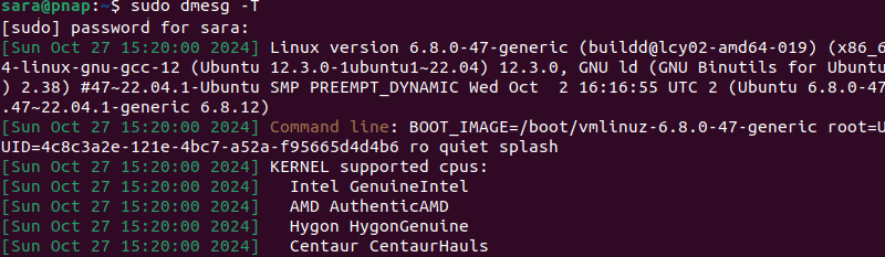 Terminal output for sudo dmesg -T