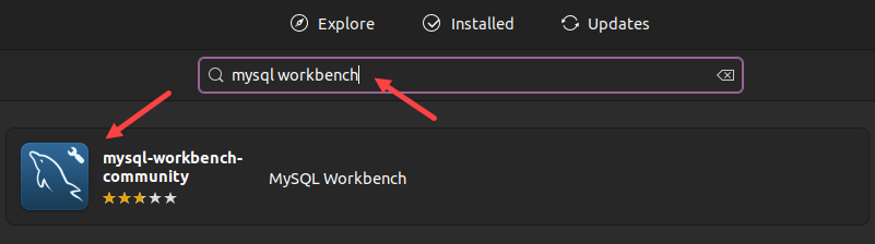 Searching for MySQL Workbench in Ubuntu Software.