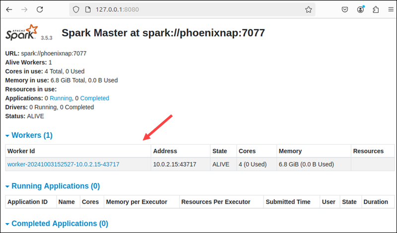 Starting a worker server in a Spark single-machine cluster.