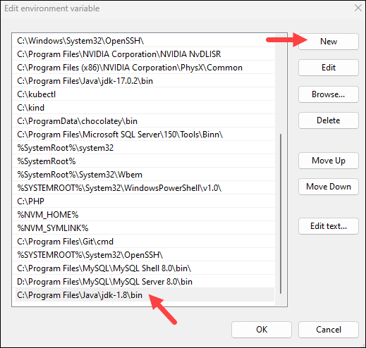 Click the New button and enter the path to the Java installation bin folder.