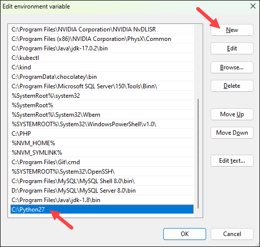 Adding a new Python 2.7 path to the existing Path variable.