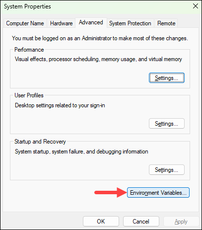 Location of the Environment Variables in system properties.