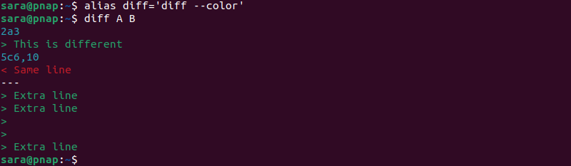 alias diff A B terminal output