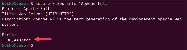 Checking the ports of the Apache Full profile in ufw.