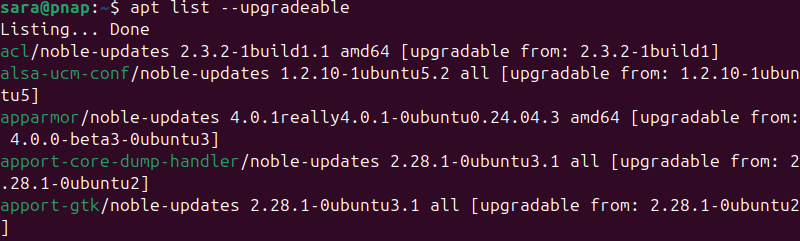 apt list --upgradeable terminal output