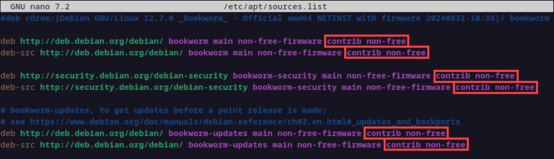 apt sources.list contrib non-free debian 12