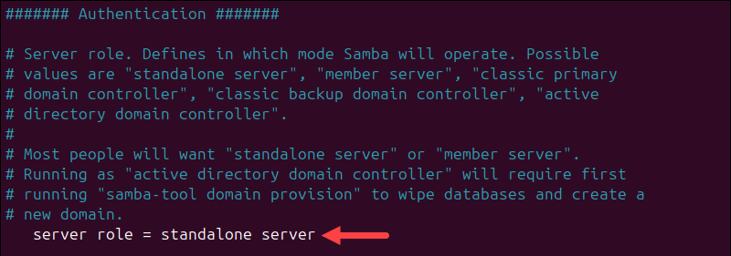 Authentication settings in Samba.