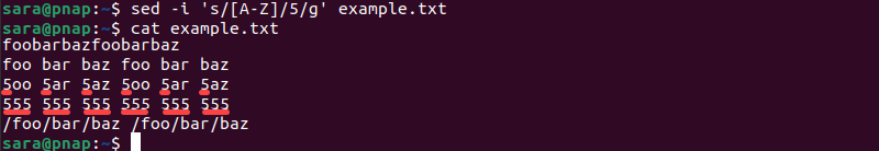 cat example.txt terminal output find and replace using regular expressions