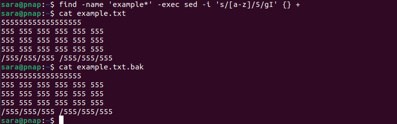 cat example.txt terminal output recursive find and replace