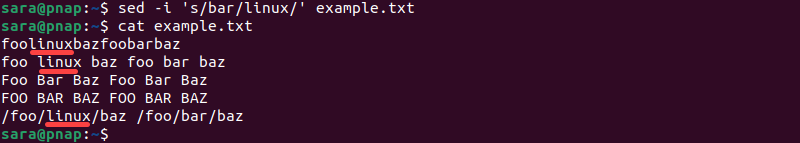 cat example.txt terminal output replace first matched string